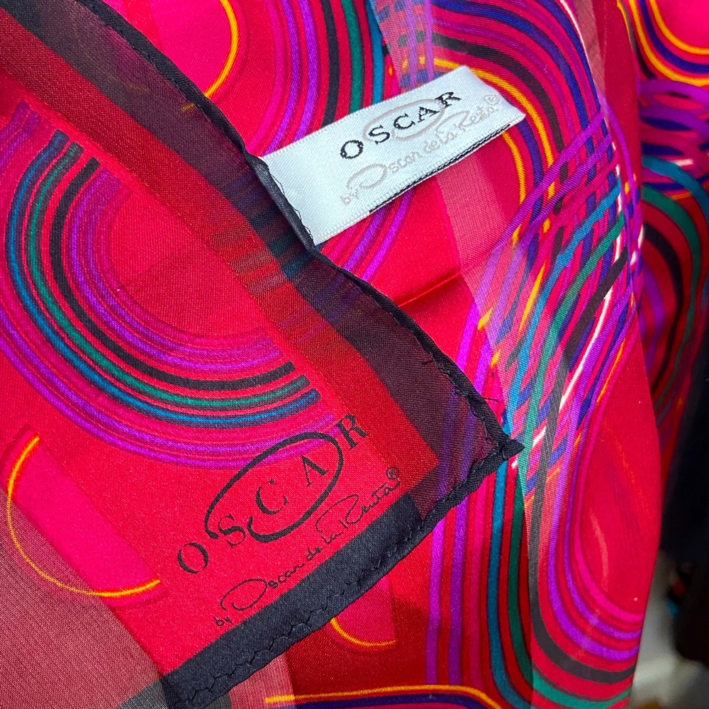 Vintage Oscar De La Renta Scarf , Silk Oblong Fuchsia Purple Blue Yellow